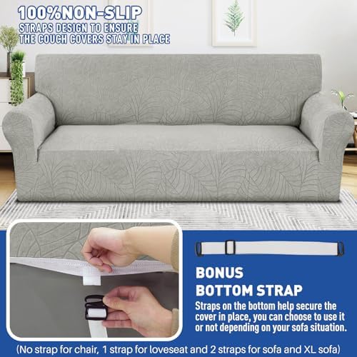 YEMYHOM Couch Cover Latest Jacquard Design High Stretch Sofa Covers for 3 Cushion Couch, Pet Dog Cat Proof Slipcover Non Slip Magic Elastic Furniture Protector (Large, Begonia Leaf Light Gray) - Image 5