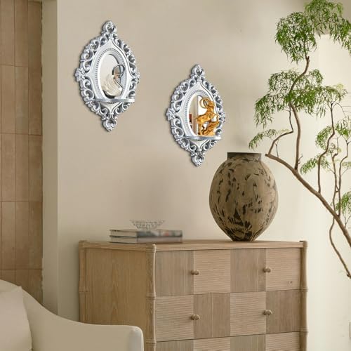 2 Set Vintage Candle Wall Sconce for Home Decor Living Room Bedroom Office Wood Antique Mirrored Victorian Mounted Candlestick Wall Holder Relief Hanging Decor -Silver 11.8in - Image 2