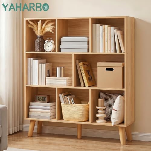 YAHARBO 8 Cube Natural Bookshelf,4 Tier Book Shelf with Legs,Modern Minimalist Bookcase,Open Book Shelves Storage Organizer,Frees Standing Wooden Display Bookcases for Small Space,Bedroom,Living Room - Image 3