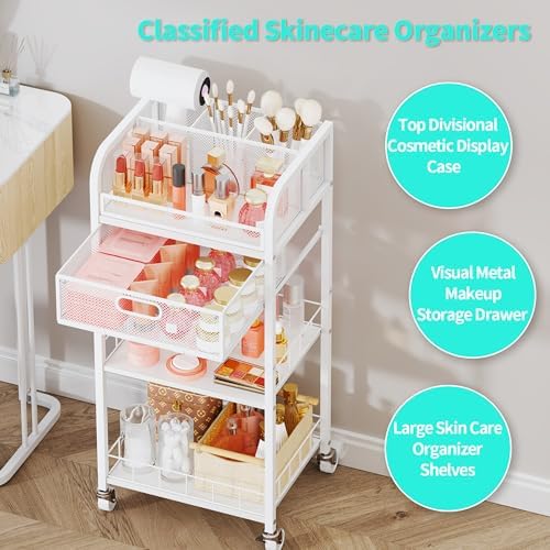 HapiRm Makeup Organizer Storage Cart - 4 Tier Skincare Make Up Storage with Drawer, Rolling Makeup Cart Vanity Organizer Cosmetics Display Cases Holder for Skin Care Perfume Nail Polish Brush - Image 6