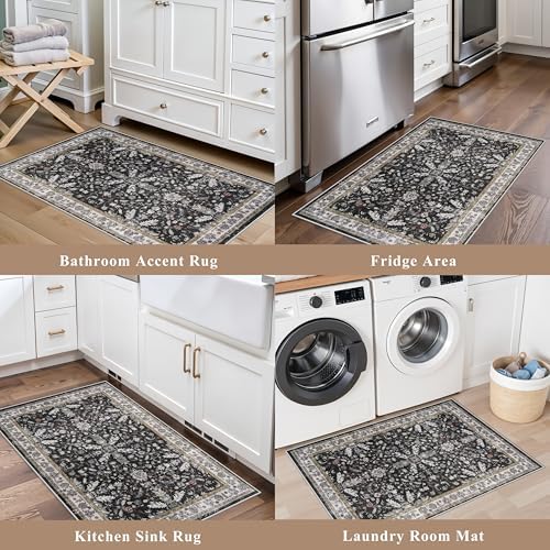 2x3 Rug Non-Slip Washable for Kitchen – Boho Small Throw Rug for Sink & Entryway, Soft Low Pile Thin Indoor Mat for Pet Area & Bathroom (Black, 2x3) - Image 3