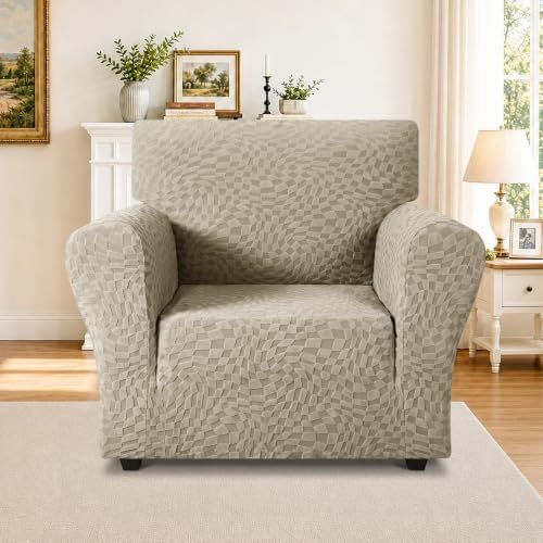 ZNSAYOTX 1 Piece Stretch Chair Cover with Arms (34"-44"), New Plaid Armchair Cover with Elastic Band for Living Room, Ultimate Soft Cozy Washable Chair Slipcover Form Fit Protector, Khaki - Image 2