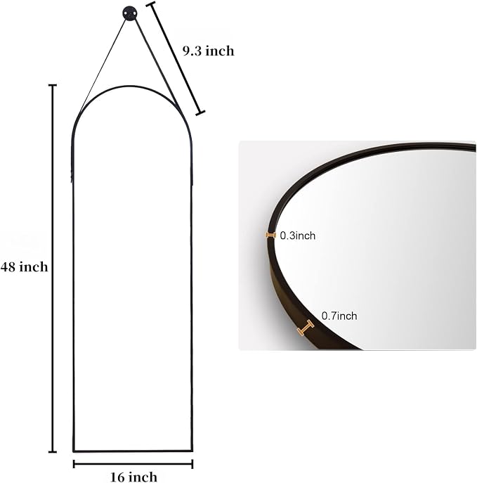 Dewfig 48"x16" Arched Full Length Mirror, Wall Mirror, Leather Strap, Black - Image 7