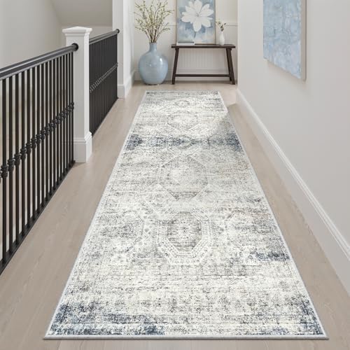 Soalmost Washable Runner Rug 2'6"x8' Kitchen Hallway Runners Blue/Ivory - Image 3