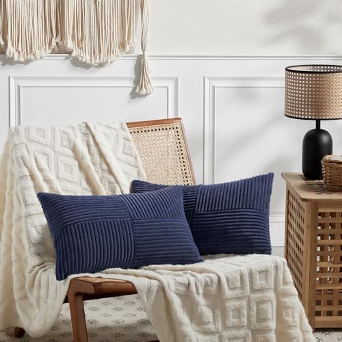 Fancy Homi 2 Packs Navy Blue Lumbar Decorative Throw Pillow Covers 16x32 Inch for Living Room Couch, Rustic Farmhouse Boho Home Decor, Soft Striped Corduroy Rectangle Accent Cushion Case 40x80 cm - Image 5