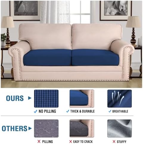 H.VERSAILTEX Super Stretch Individual Seat Cushion Covers - 2 Piece Large Sofa Cushion Covers, Navy, Thick Jacquard Textured Twill Fabric Sets - Image 2