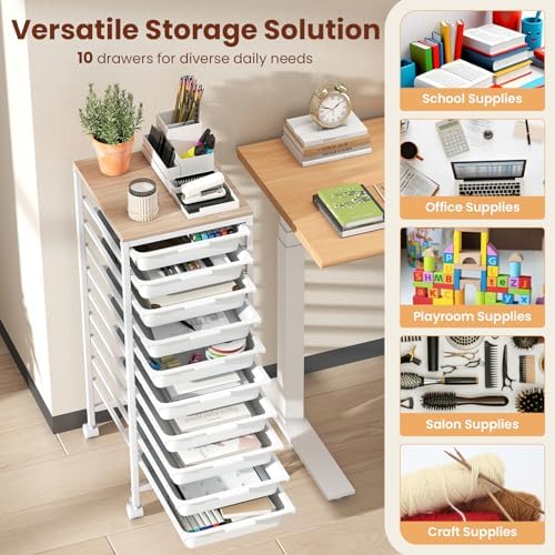 Giantex Rolling Storage Cart with 10 Drawers, Utility Cart w/Wooden Tabletop, Lockable Wheels, Multipurpose Organizer for Art Craft Books Paper, Drawer Carts for Dorm Classroom Office, White - Image 6