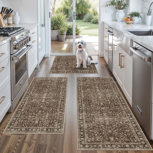 Washable Non-Skid 3 Piece Kitchen Rugs Set – Modern Boho Floral Low-Pile Area Rugs and Runner for Entryway, Bathroom, Hallway – Decorative Small Indoor Rugs (Brown, 2x3+2x4+2x5) by BYYVOORugsforYourHome