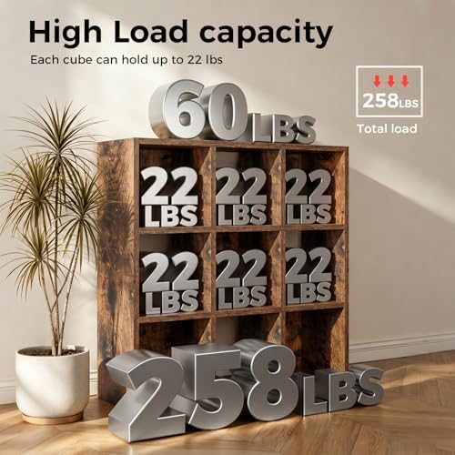 LUCKLIFE 9-Cube Storage Organizer, Modular Bookcase Shelf with Vertical or Horizontal Use, Fits 11×11" Bins, Optional Back Panels, for Living Room, Office, Vintage Brown - Image 4