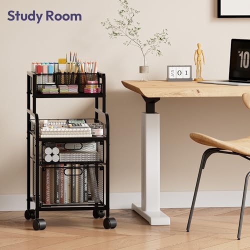 SWTYMIKI Rolling Cart with Drawers - Metal Craft Cart with Wheels, DIY Divider and Wood Shelf, Art Supply Organizer for Under Desk Storage, Utility Storage Cart for Home Office Studio, Black - Image 4