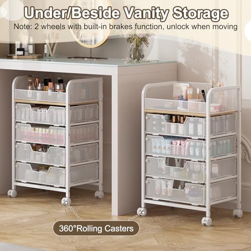 Hongtamoya Makeup Cart Organizer with 4 Drawers, Rolling Makeup Cart, White - Image 3