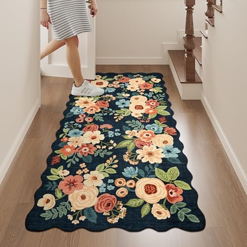 DUKINO 2x4 Rug for Entryway, Floral Washable Kitchen Rugs, Navy Blue - Image 4