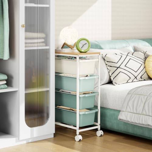 KINGBOARD Slim Rolling Cart with 4 Drawers, Metal Utility Storage Cart | Wooden Tabletop, Lockable Wheels, Table Side Trolley for Bedroom, Children's Room and Office Organization, Green - Image 7