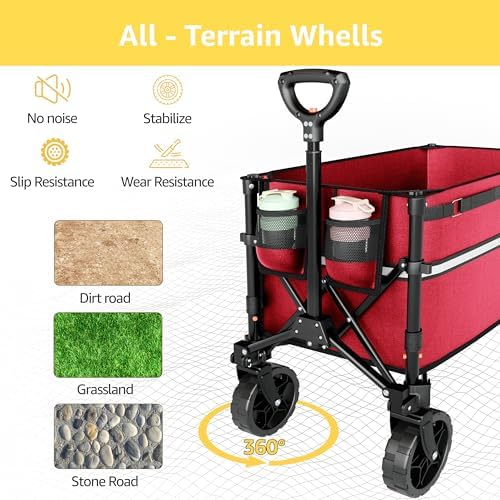 ROSONG Collapsible Wagon Cart with Wheels Foldable - Folding Utility Heavy Duty Wagons Carts for Grocery Sports Garden Shopping Camping Wheelbarrows, Burgundy - Image 4