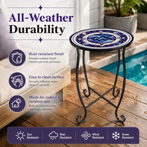 Small Mosaic Outdoor Side Table, 15-Inch Round Metal Patio Table - Image 3