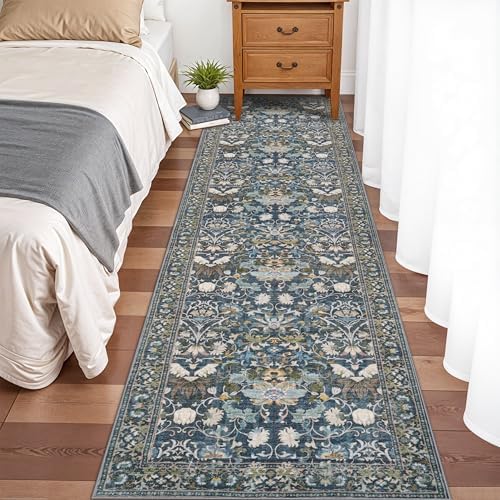 Washable 2x8 Hallway Runner Rug: Vintage Water-Resistant Kitchen Entryway Rug Ultra Soft Living Room Bedroom Carpet Non Slip Indoor Low Pile Floor Mat for Bathroom Dining Room(2x8,Floral/Blue) - Image 3
