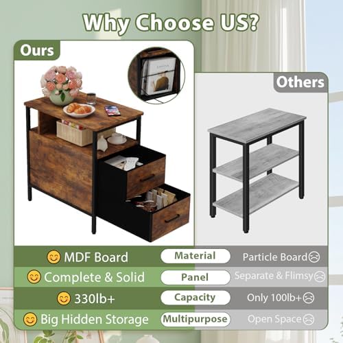 End Table with Charging Station and 2 Fabric Drawers, Vintage Brown - Image 6