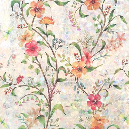 Stained Glass Window Film Decorative for Glass, Bathroom Window Privacy Film Static Cling, Rainbow Window Cling UV Blocking Non-Adhesive for Home Office Door (Floral, 17.5" x 157.5") by Anewlookinnotime