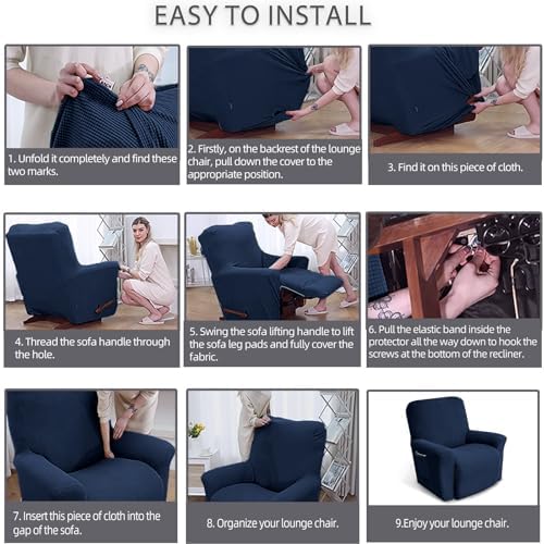 KEKUOU Recliner Chair Covers, 1-Piece Lazy Boy Recliner Covers, Navy Blue - Image 5