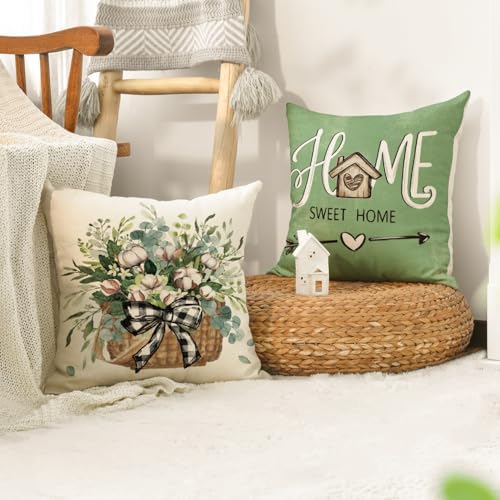 AVOIN colorlife Bless Our Home Farmhouse Eucalyptus Leaves Throw Pillow Covers, 16 x 16 Inch Green Truck Home Sweet Cushion Case Decorations Set of 4 - Image 5