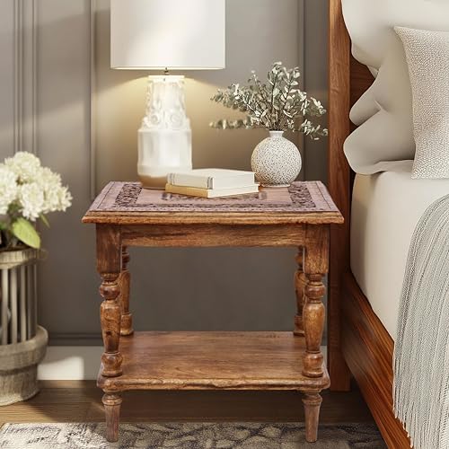 COTTON CRAFT Solid Wood End Table - Hand Carved Brown Side Table with Shelf - Image 2