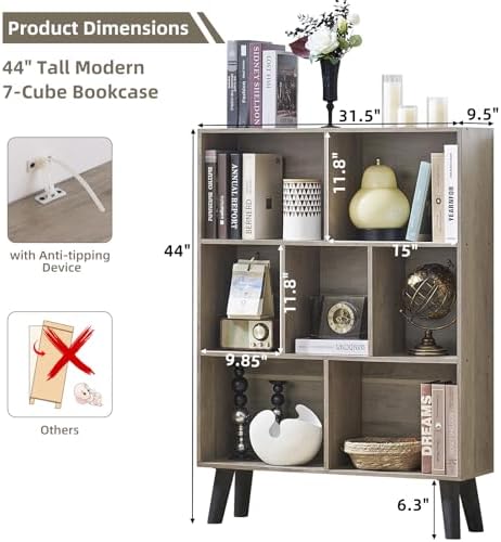 LEYAOYAO Cube Bookshelf, Mid-Century Modern Book Shelf with Legs,Retro Grey - Image 3