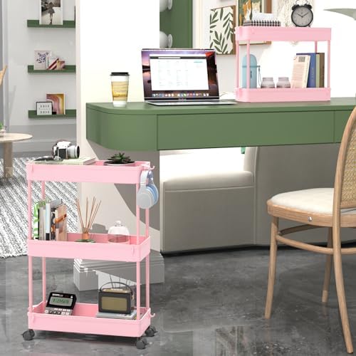 SPACEKEEPER Slim Rolling Storage Cart, 3 Tier Bathroom Cart Organizer, Pink - Image 5