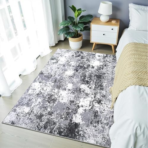 Modern Abstract 3x5 Washable Rug, Soft Low Pile Ultra Thin Entryway Rugs, Doormat for Indoor Entry, Living Room, Bedroom, Black Grey White - Image 2