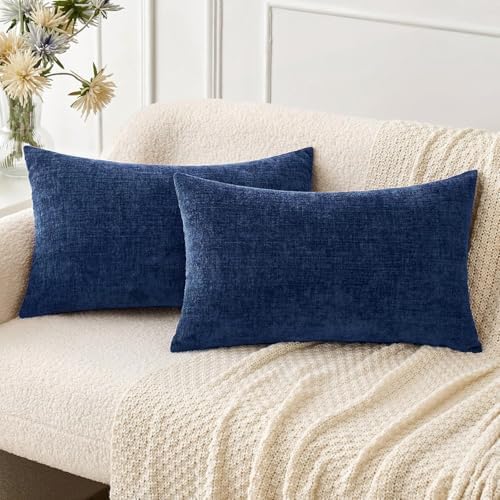 MIULEE Soft Chenille Lumbar Throw Pillow Covers Navy Blue 12x20 Pack of 2 by MIULEE