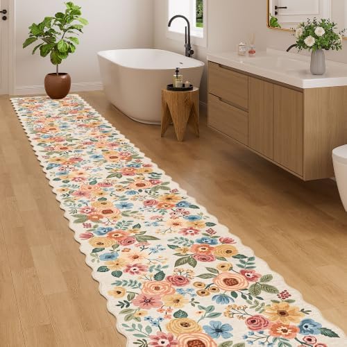 DUKINO 2x14 Hallway Runner Rug, Floral Washable Kitchen Rug, Beige Yellow - Image 3