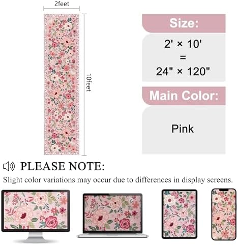 DUKINO 2x10 Runner Rug, Floral Washable Kitchen Runner Rug Non Slip, Pink - Image 2