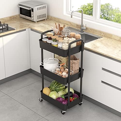 Sywhitta 3-Tier Plastic Rolling Utility Cart with Wheels for Storage,Black - Image 3