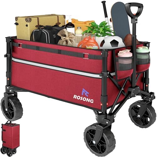 ROSONG Collapsible Wagon Cart with Wheels Foldable - Folding Utility Heavy Duty Wagons Carts for Grocery Sports Garden Shopping Camping Wheelbarrows, Burgundy by ROSONG