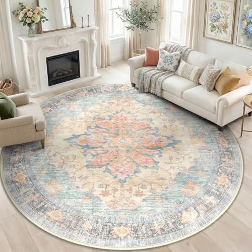 RELEANY Washable Area Rug, Round 8ft, Blue/Orange/Red by RELEANY