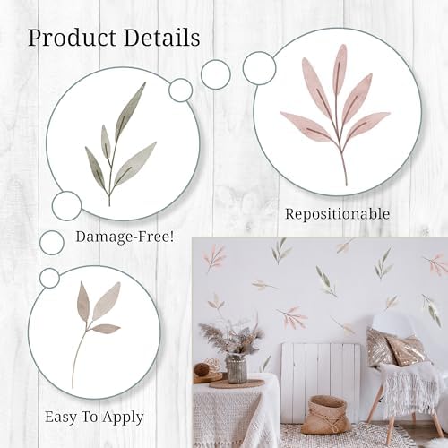 Watercolor Greenery Wall Decals - Set of 22 Leaves Vinyl Flower Room Decor Peel and Stick Removable Floral Stickers for Nursery Bedroom Bathroom - Image 2
