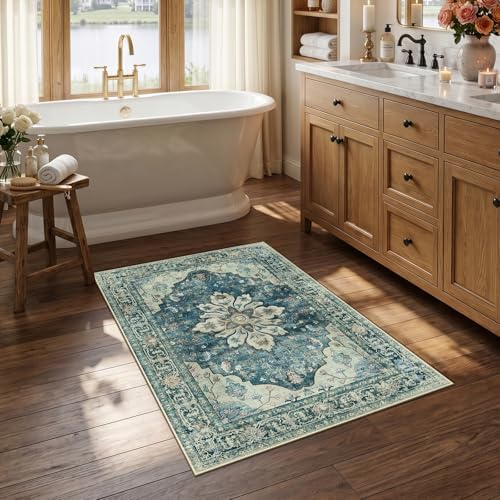 RELEANY Washable Area Rug, Small 2'6"x4', Blue/Vintage Dark Blue by RELEANY