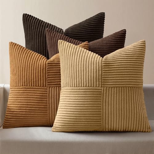 MIULEE Boho Decorative Throw Pillow Covers 18x18 Set of 4 Farmhouse Neutral Cushion Cases Gradient Corduroy Pillow Cases Modern Soft Corduroy Patchwork Home Decor for Couch Sofa Bedroom Camel Brown by MIULEE