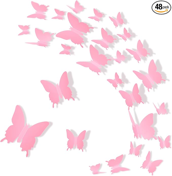 BBTO 48 Pcs 3D Butterfly Mirror Wall Decor,Pink | Butterfly Stickers,3 Sizes,for Birthday Party Cake,Room Nursery Bathroom Wall Decor,Removable Peel Stick,Reflective by BBTO