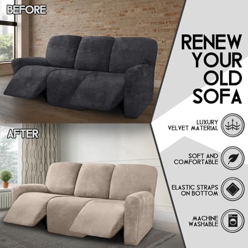 ULTICOR Velvet 8-Pieces Recliner Sofa Covers Stretch Reclining Couch Covers for 3 Cushion Reclining Sofa Slipcovers Furniture Covers Thick Soft Washable (3 Seater Recliner Cover, Taupe) - Image 5