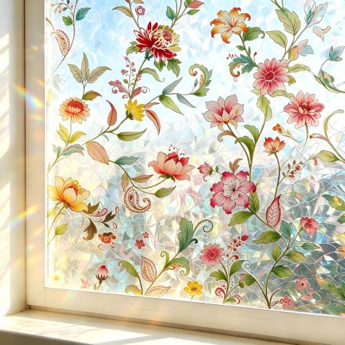 Finnez Window Privacy Film, Stained Glass Floral, Rainbow, 17.5" x 157.4" by FINNEZ