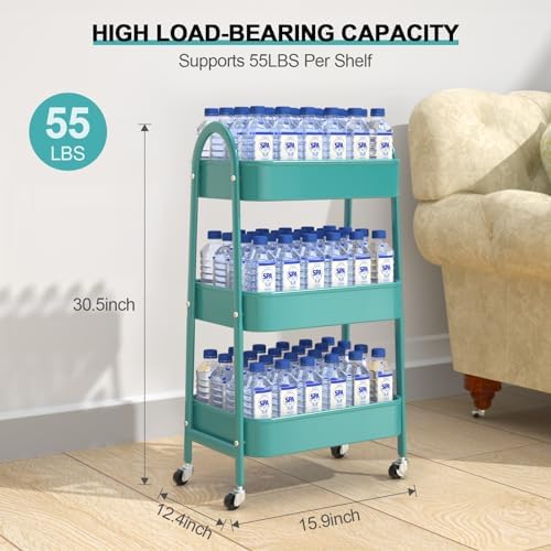 EAGMAK 3 Tier Utility Rolling Cart, Metal Storage Cart with Handle and Lockable Wheels, Multifunctional Storage Organizer Trolley with Mesh Baskets for Kitchen, Living Room, Office, Garage (Turquoise) - Image 6