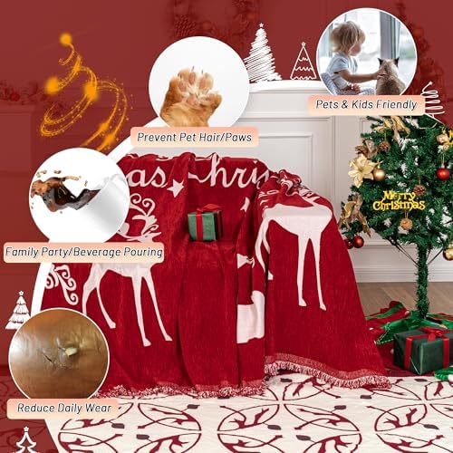 MYSKY HOME Christmas Couch Cover for Dogs, Washable Couch Covers, Non Slip Sofa Slipcover, Couch Cover 2 Cushion Sofa Dogs Furniture Protector, Chenille Sofa Covers for Pets, Kids, 71"x102", Red - Image 2