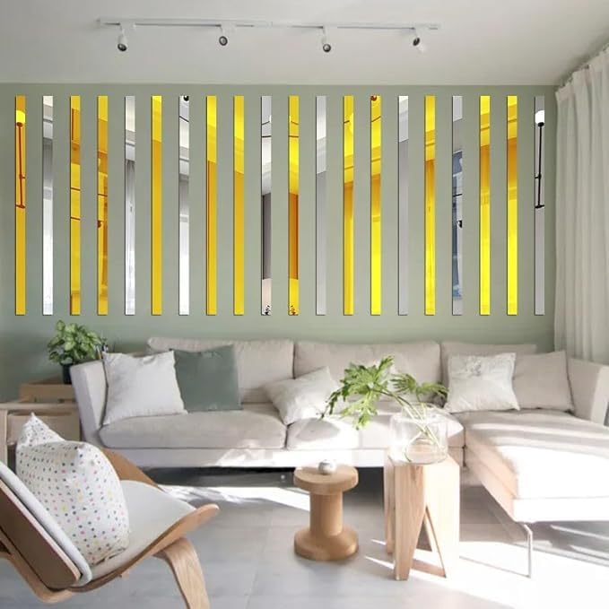 20Pcs Mirror Wall Stickers Striped Design Mirror Art Tile Decal DIY Self Adhesive Wall Line Border Decals Removable Acrylic Mirror Sheets and Murals for Home Decor 5 * 20cm（Gold） - Image 3