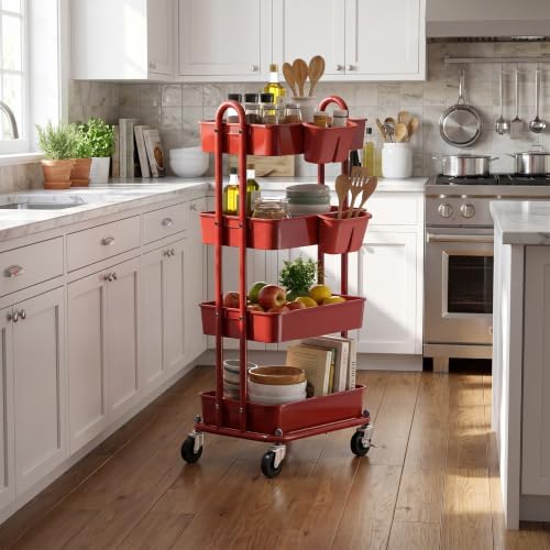 Simple Houseware 4-Tier Rolling Utility Cart with Hanging Bucket, Red - Image 4