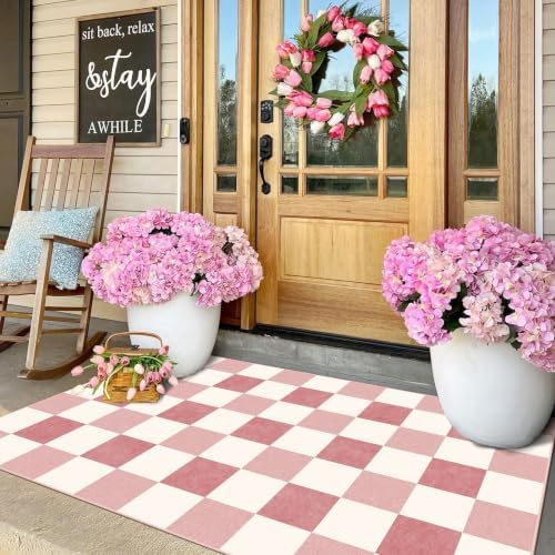 Pink White Checkered Entry Rug - 3x5 Non-Slip Indoor Outdoor Rugs - Image 3
