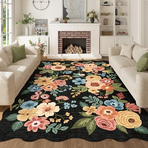 DUKINO 5x7 Area Rugs for Bedroom, Floral Washable Rug Non Slip, Black by DUKINO