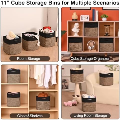 11 Inch Cube Storage Bins, 11x11 Cube Storage Bins for Cube Organizer, Square Cloth Storage Cubes, Woven Storage Baskets for Shelves, Toy Baskets Storage Kids, Black & Jute (Pack of 3) - Image 5