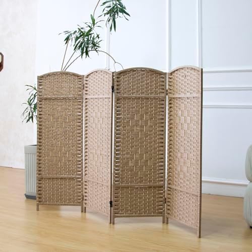 Furnnylane 4 Panel Rattan Divider Short Room Partition Screen,Double Sided Folding Divider for Room Separation,Light Brown,47.2" H x 63" W by Furnnylane