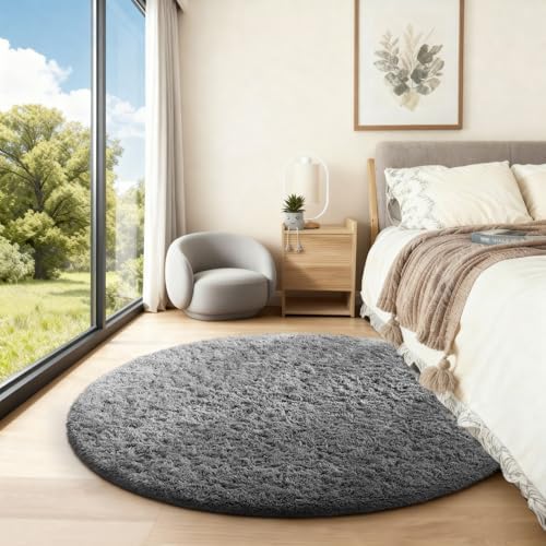 Ophanie Round Rug 4Ft Grey Circle Area Rugs, Fluffy Fuzzy Small Bedroom Carpet 4 Foot, Plush Shag Floor Gray Living Room Christmas Circular Aesthetic Decor for Kids Teen Boys Baby, Nursery, Classroom - Image 3