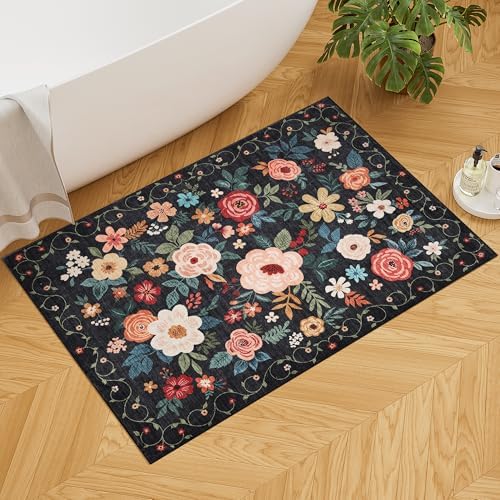 DUKINO 2x3 Door Mat Indoor Entrance, Floral Washable Rug Non Slip, Black - Image 3